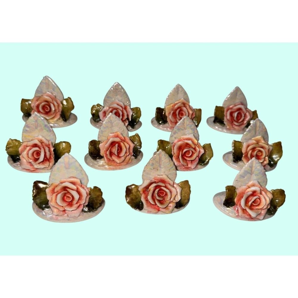 11 Vintage Ceramic lusterware Rose place card holder dinner party germany